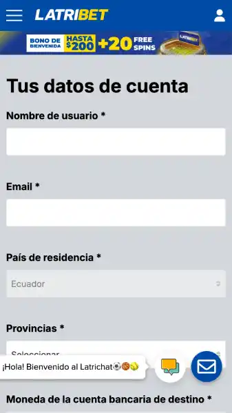 Registro en el sitio oficial de Latribet